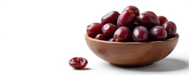 Rustic bowl overflowing with plump, dark dates White background , sweet, ingredient, culinary