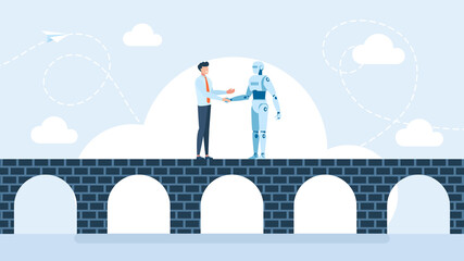 Businessman and a robot on bridge engaging in a handshake. Intersection of human expertise and technological advancement. Men and robot greet or confirm a deal, handshake. Flat illustration