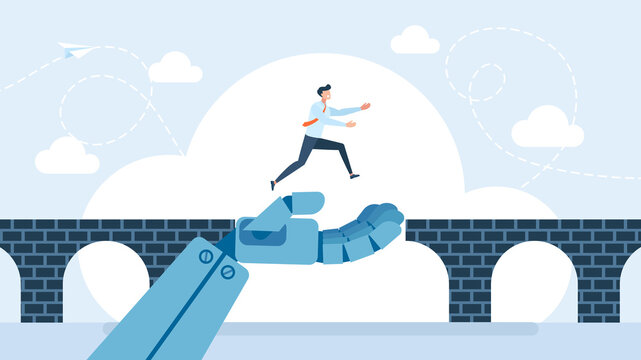 A big robot hand help business man cross problem gap. Support of AI to solve problem, chat bot with ai to help team success. Support with artificial intelligence, Working with AI. Flat illustration.