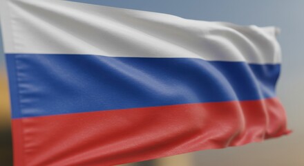 Naklejka premium A Close-Up View of the Russian Flag billowing gently in the wind, showcasing its vibrant colors and textured fabric