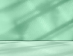 Green background light shadow leaves abstract nature on blur wall cement podium product, studio...