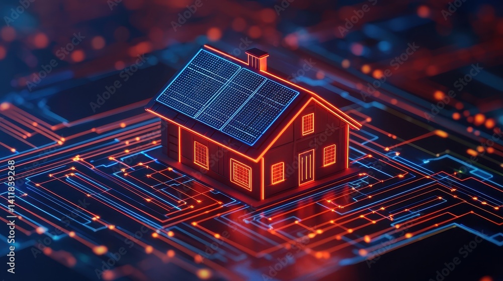 Poster digital representation of smart home technology with solar panels on a circuit board background