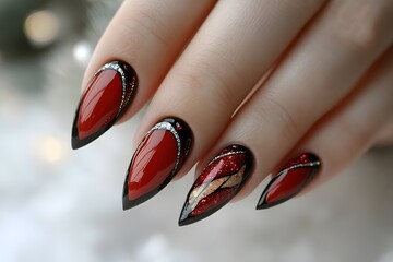 Intricate nail art showcasing a mesmerizing display of artistry, where vibrant red hues meet detailed accents. a beautiful close-up of elegant nails.