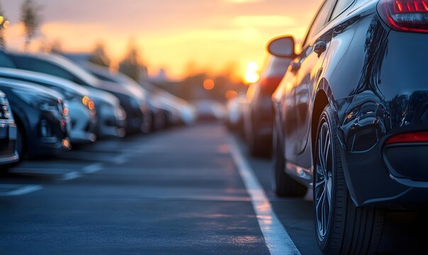 A fleet of automobiles parked in rows under a radiant sunset sky, suggesting themes of travel, transport, and urban living.