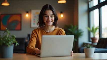 Fototapeta premium Smiling Woman Working on Laptop at Home