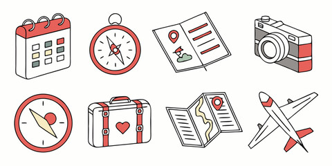 Cartoon Travel Icons Vector Set: Line Art - Calendar, Compass, Passport, Camera, Suitcase, Map, Airplane