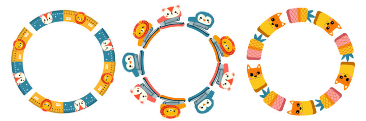 Set of frames back to school stationery for design. Hand drawn round square line border, , tags, stickers, cards, logo design and poster template. Vector