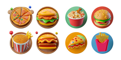 Colorful Collection of Fun Fast Food Illustrations for Kids, isolated on transparent background