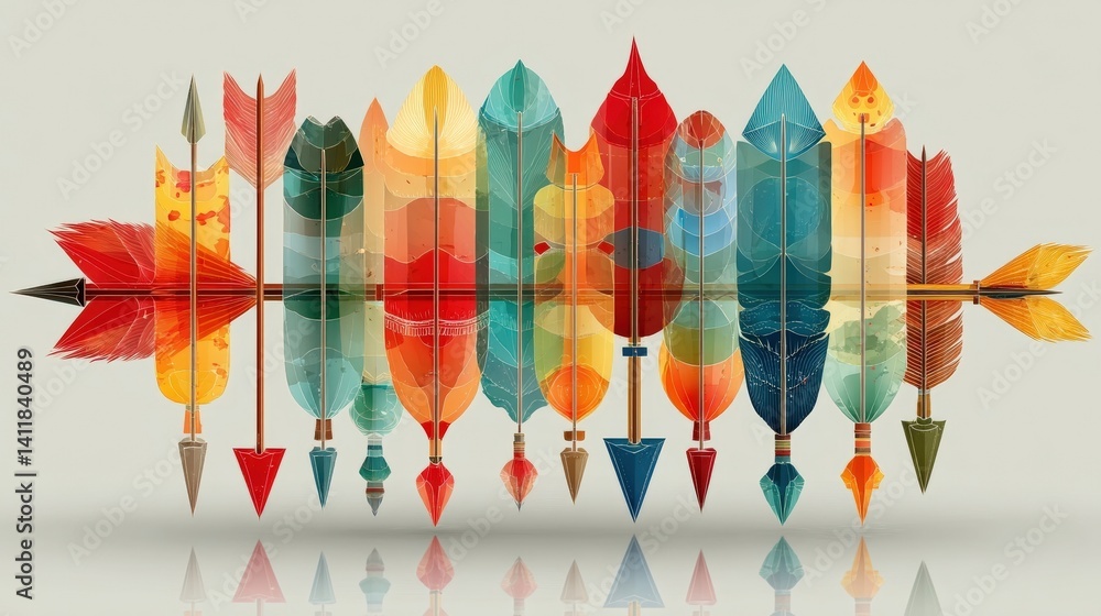 Poster colorful artistic arrows in various styles arranged in a striking symmetrical pattern