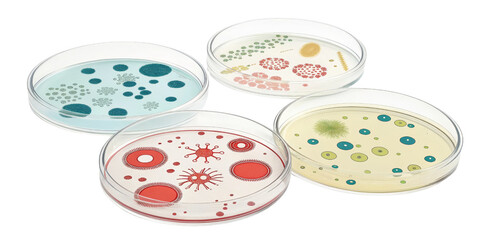 Four Petri Dishes with Microscopic Organisms, Isolated on Transparent Background, Microbiology Illustration, Science, Microbiology, Petri Dish,