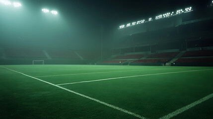 Fototapeta premium Empty Soccer Stadium at Night, Foggy Atmosphere