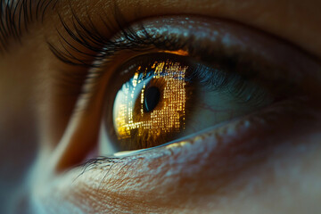 Human eye reflecting binary code digital information technology future