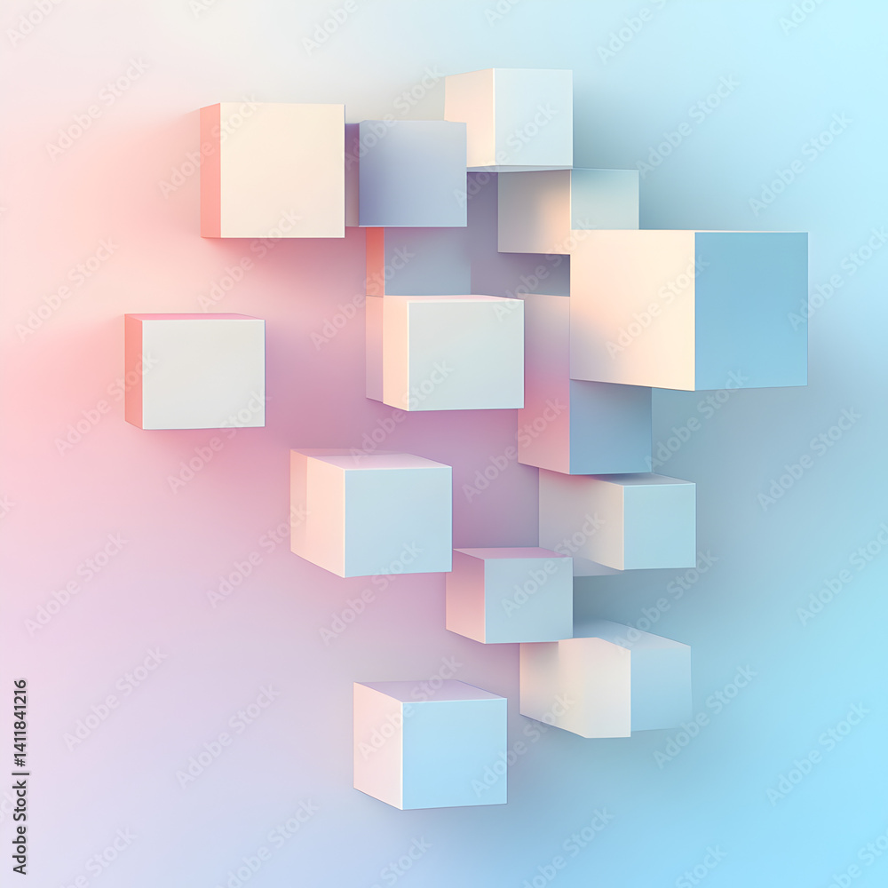 Poster geometric abstraction: a minimalist composition of white cubes floats against a soft, gradient backd