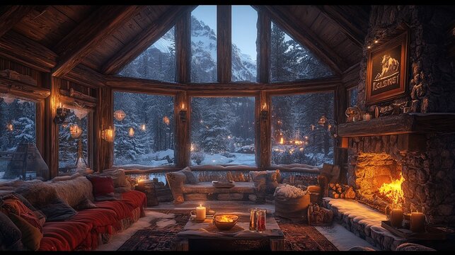 A rustic snow lodge interior with a roaring fire, hot drinks, and frost-covered windows