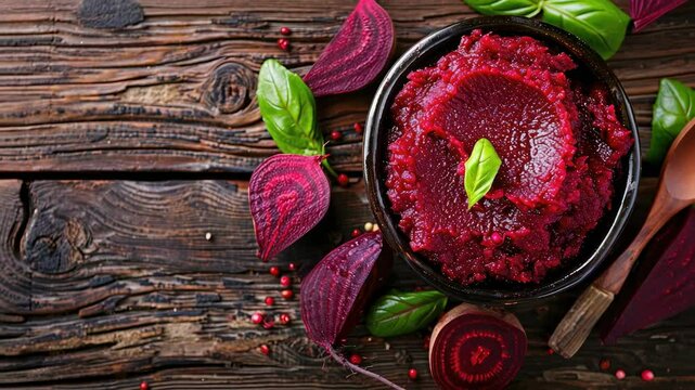 Beetroot puree on a wooden background, top view