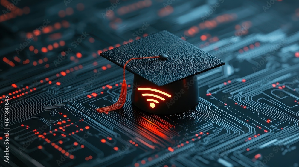 Poster graduation cap with wifi symbol on circuit board background representing digital education and conne