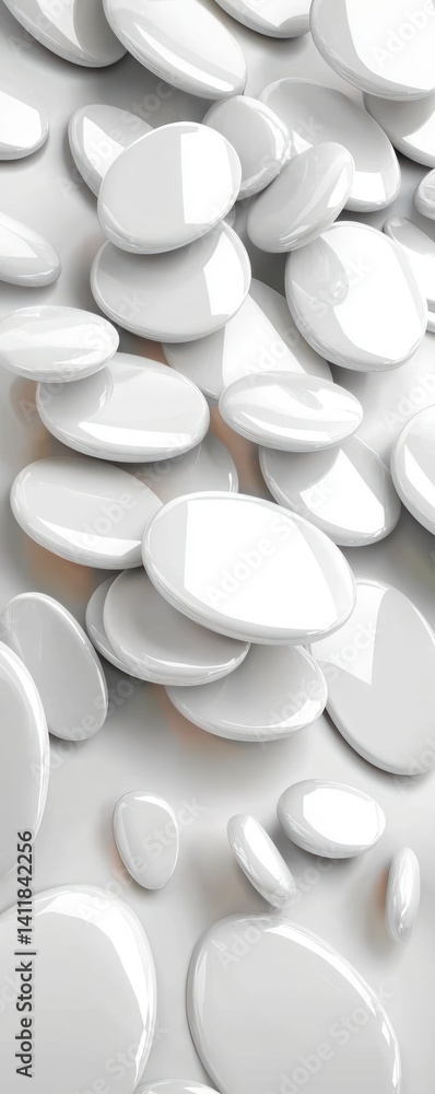 Poster white smooth pebbles arranged on a surface abstract art minimalistic design studio close-up perspect