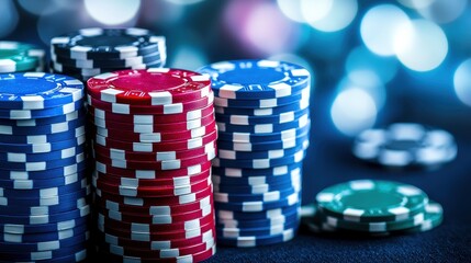 Colorful Casino Chips Stacked on a Soft Surface with a Blurred Background of Lights and Casino Atmosphere