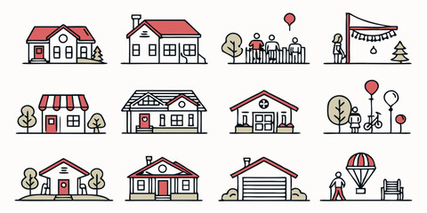 Flat Design Vector Line Art Illustrations Houses Buildings Community Outdoor Scenes