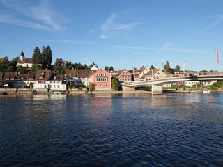 Bridge over Rhine River in European STEIN AM RHEIN town in SWITZERLAND