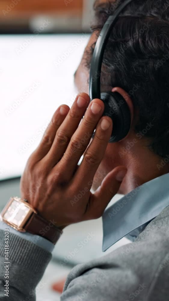 Aufkleber Call center, man and computer screen in office with help desk, communication and online consultant. Contact us, headset and technical service crm, discussion or sales agent back for advice hotline