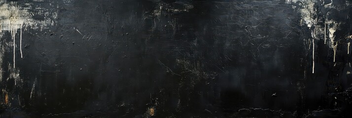Dark Black Background. Vintage Retro Old Grimy Charcoal Wall with Paint Splatter