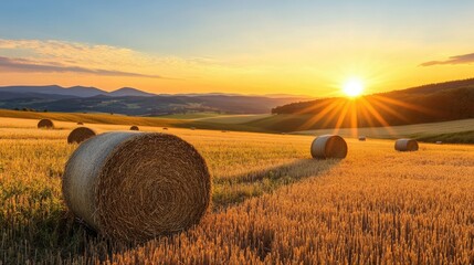 Serene Sunset Over Rolling Fields with Hay Bales and Mountain Range in Background