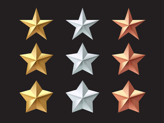 3D Gold, Silver, and Bronze Metallic Stars – Glossy Champion, Leadership, Game Award, and Customer Feedback Icons on Black Background Vector Illustration