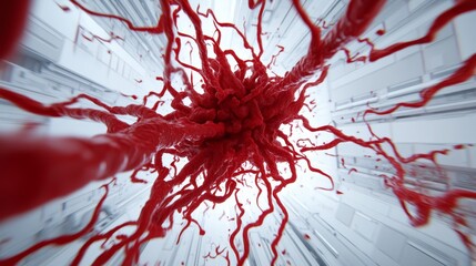 Abstract representation of red blood cells flowing through a futuristic white environment showcasing an artistic perception of life