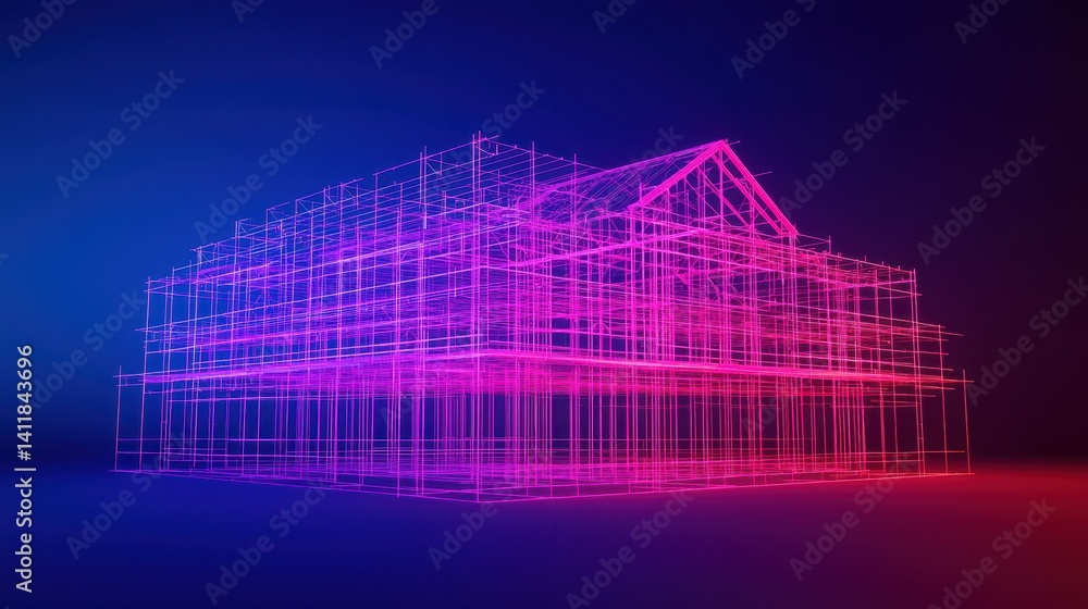 Poster vibrant neon wireframe architecture model in pink and blue color scheme with abstract gradient backg