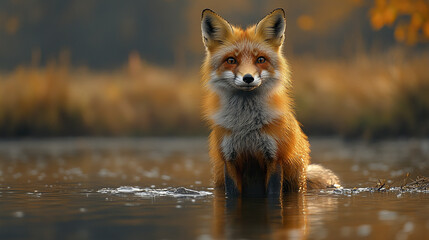 Fototapeta premium wild fox stands in water, surrounded by natural tones, looking elegant