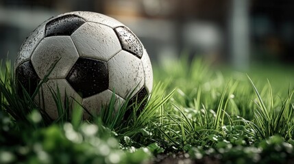 Close-Up of a Weathered Soccer Ball Amidst Lush Green Grass in a Natural Setting