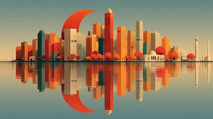Obraz premium Abstract Cityscape with Colorful Buildings and Trees Reflected in Calm Water at Sunset