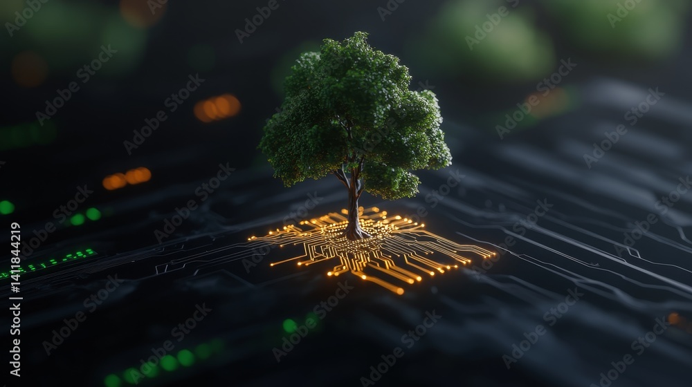 Poster tree growing from circuit board symbolizing the fusion of nature and technology in a digital landsca