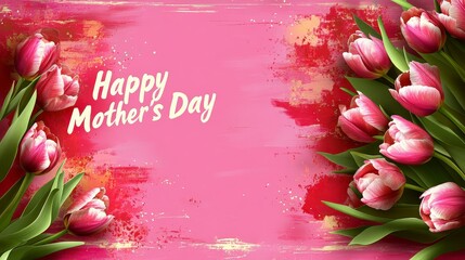 Pink tulips on a pastel pink background with a banner and copy space, perfect for "Happy Mother's Day" greeting card or postcard design concepts.