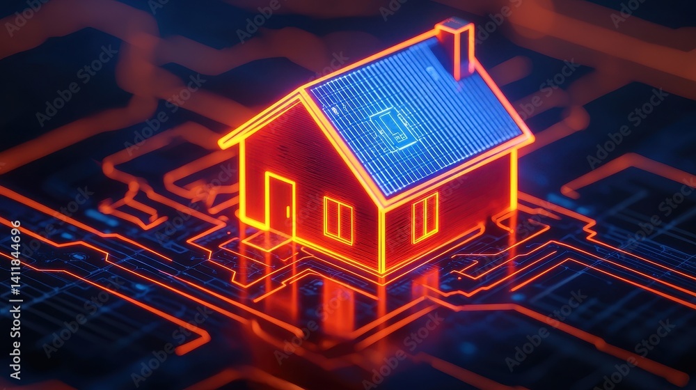 Poster digital home model illuminated with neon lines on a futuristic circuit board background representing