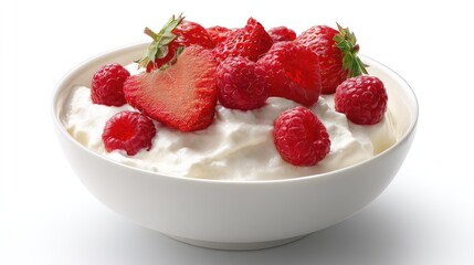 White background, close-up of a bowl with soft cream and fresh strawberries on top, a few raspberries beside the bowl