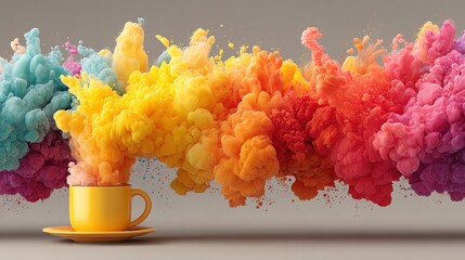 Fototapeta premium Vibrant Colorful Smoke Explosion from Yellow Cup Creating a Dynamic Visual Impact