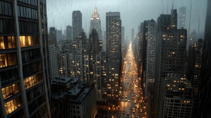 Obraz premium Raining city vacation holiday night relaxation urban skyline view cozy atmosphere