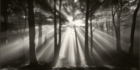 Obraz premium Dark Light. Foggy Forest Awakened by Rays of Light in Marin County, California Landscape