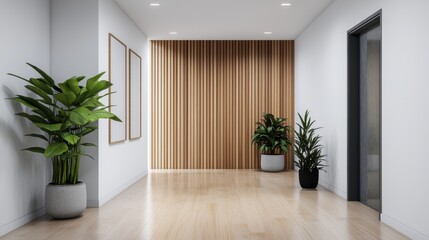 Modern Minimalist Interior of a Bright Hallway with Indoor Plants and Wood Panel Wall Design