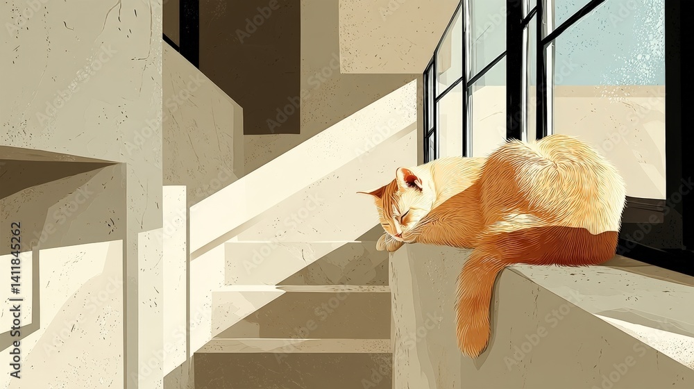 Poster cozy cat sleeping on sunlit ledge in modern architecture with soft shadows and minimalist design