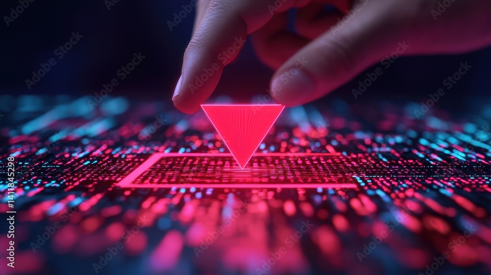 Poster futuristic digital interface with neon color codes and hand interacting with virtual triangle shape