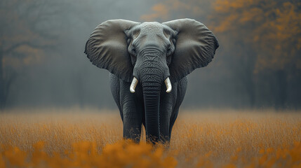Naklejka premium Majestic elephant standing in misty field with autumn foliage