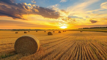 Golden Harvest Sunset Over Rolling Fields with Straw Bales Under a Dramatic Sky