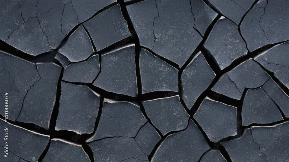 Poster textured surface of deep cracked dark asphalt with unique patterns and color variations for abstract