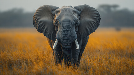 Fototapeta premium Majestic elephant standing in golden grassland, exuding calm strength