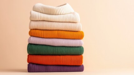 Stack of Cozy Knitted Sweaters in Soft Pastel Tones on a Plain Background