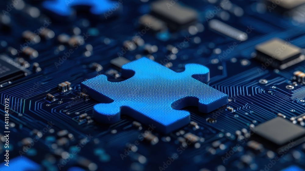 Aufkleber blue puzzle piece on a circuit board background representing technology and connection in digital ag