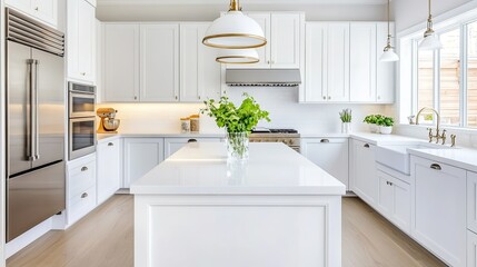 Bright and Modern Kitchen with White Cabinets, Marble Island, and Natural Light Features